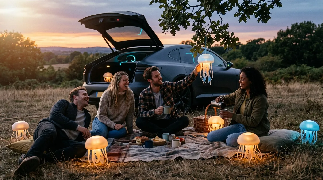 Groupe d'amis pique-niquant dehors au coucher de soleil