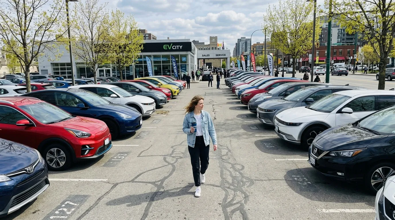 Femme marche entre voitures électriques exposées EV City