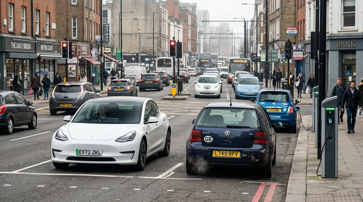 Rue de ville avec voitures électriques et station de recharge