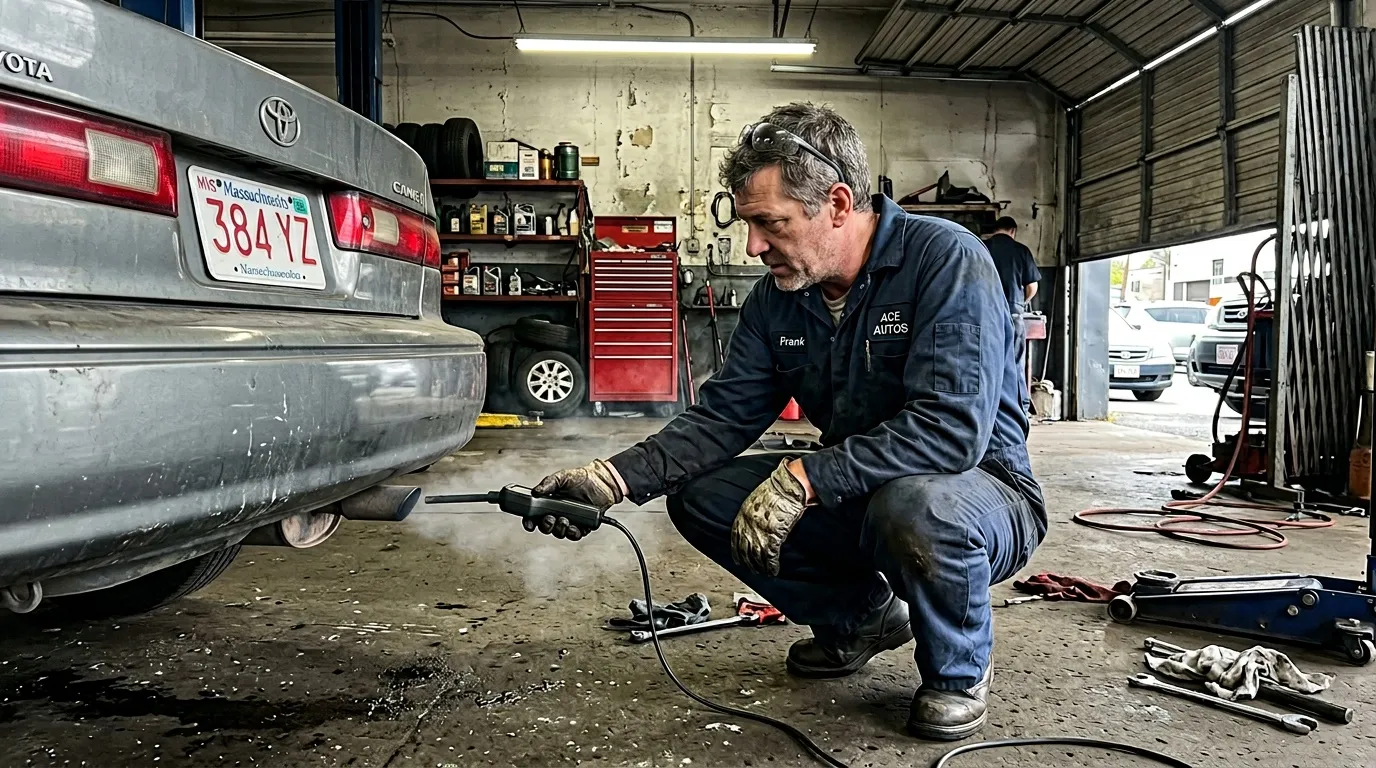 Mécanicien Frank travaille sous une Toyota dans son garage ACE Autos