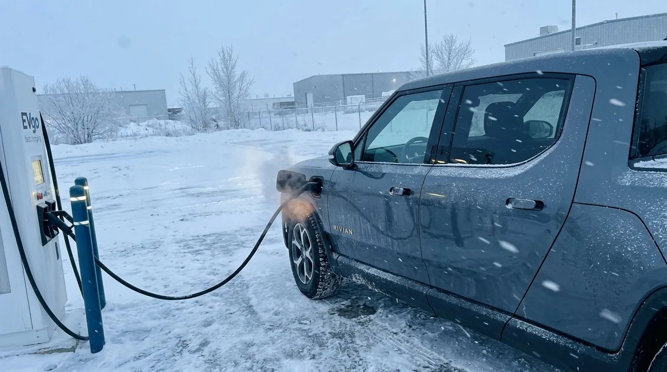 Véhicule électrique Rivian en charge sur station enneigée