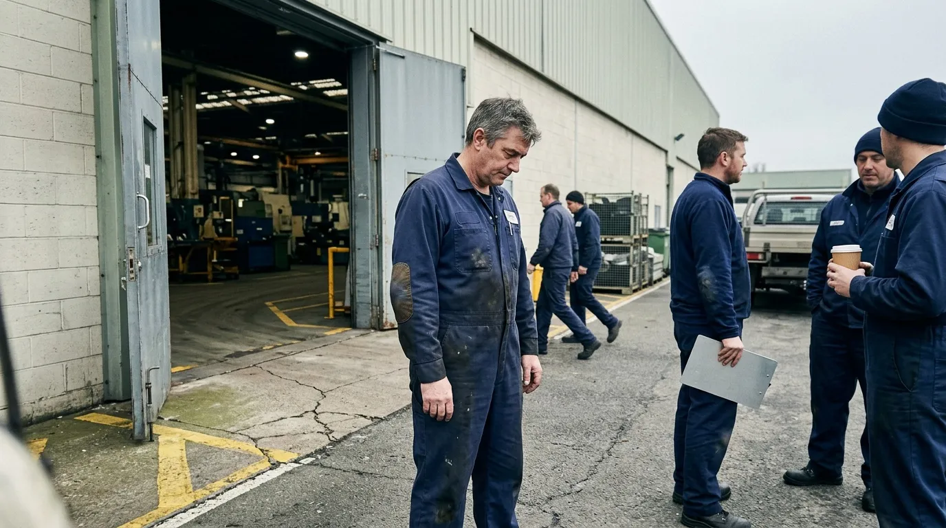 Ouvriers en combinaison bleue discutent devant un hangar