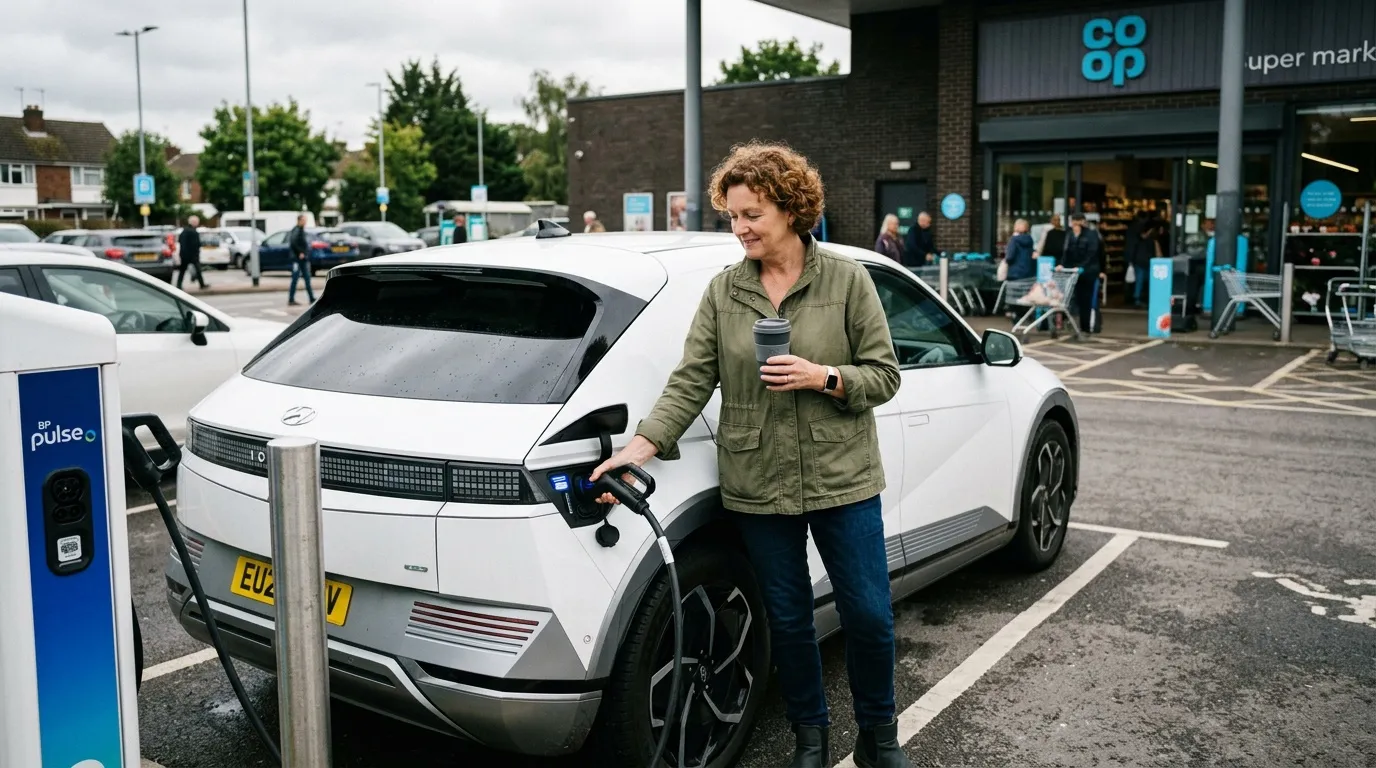 Femme recharge voiture électrique blanche à station BP Pulse