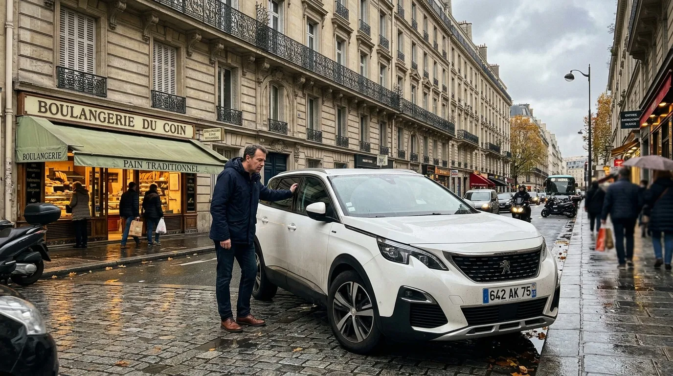 Homme près d'une voiture blanche sur rue parisienne mouillée