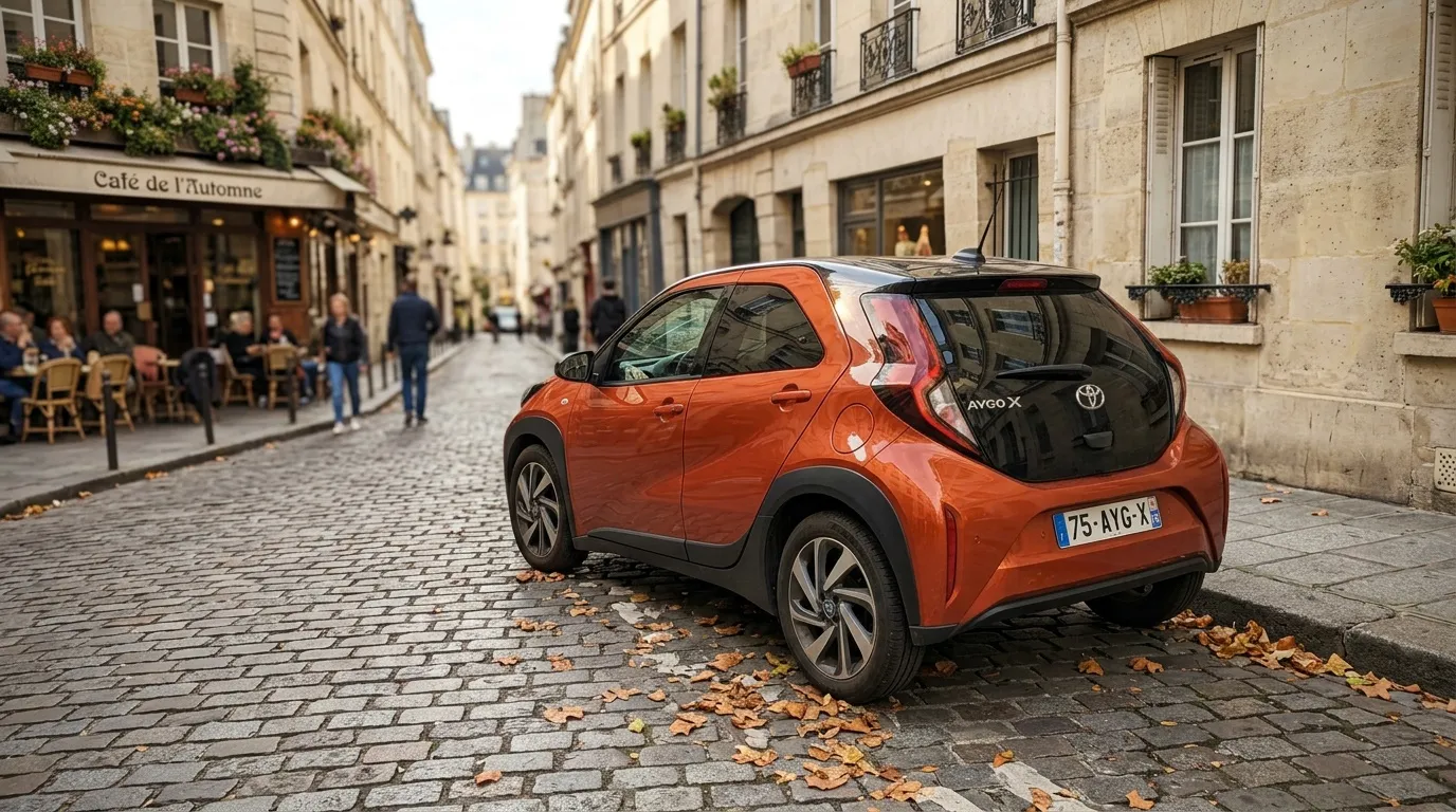 Voiture orange stationnée dans une rue pavée parisienne