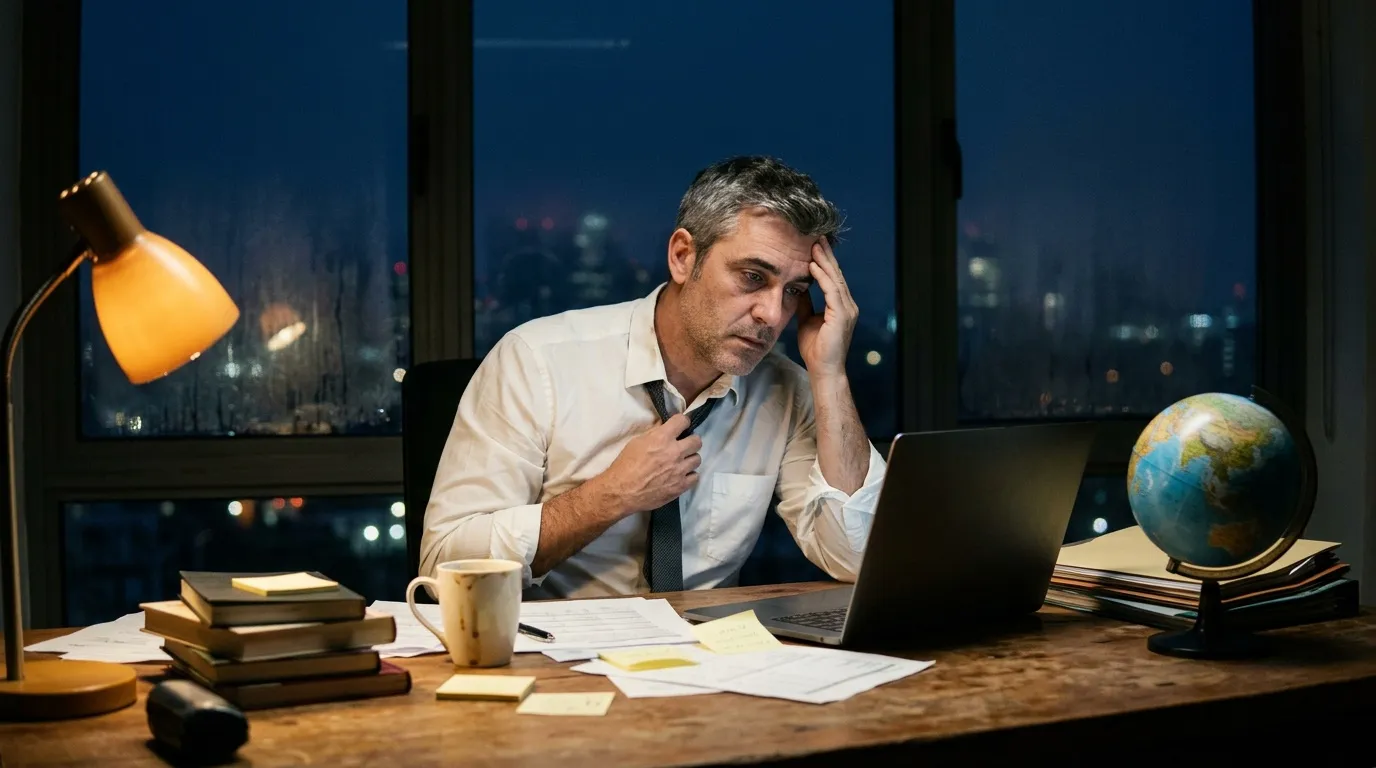 Homme d'affaires pensif à son bureau la nuit en ville