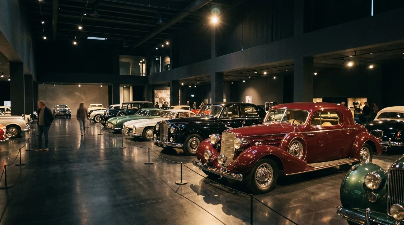 Musée automobile avec voitures de collection classiques alignées