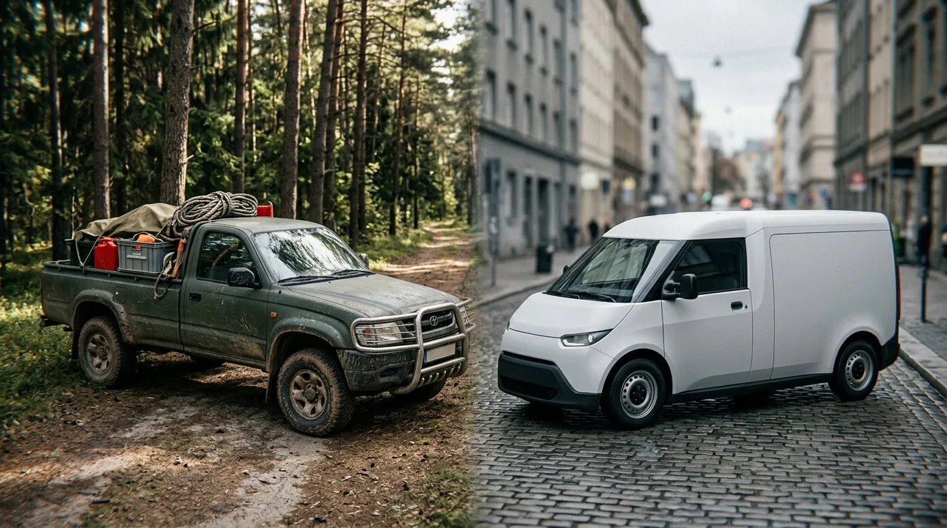 Camionnette ancienne dans la forêt et véhicule électrique moderne en ville