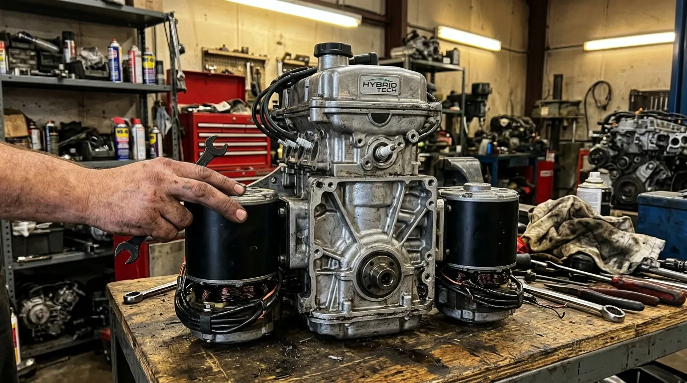 Mécanicien examinant un moteur hybridé disassemblé.