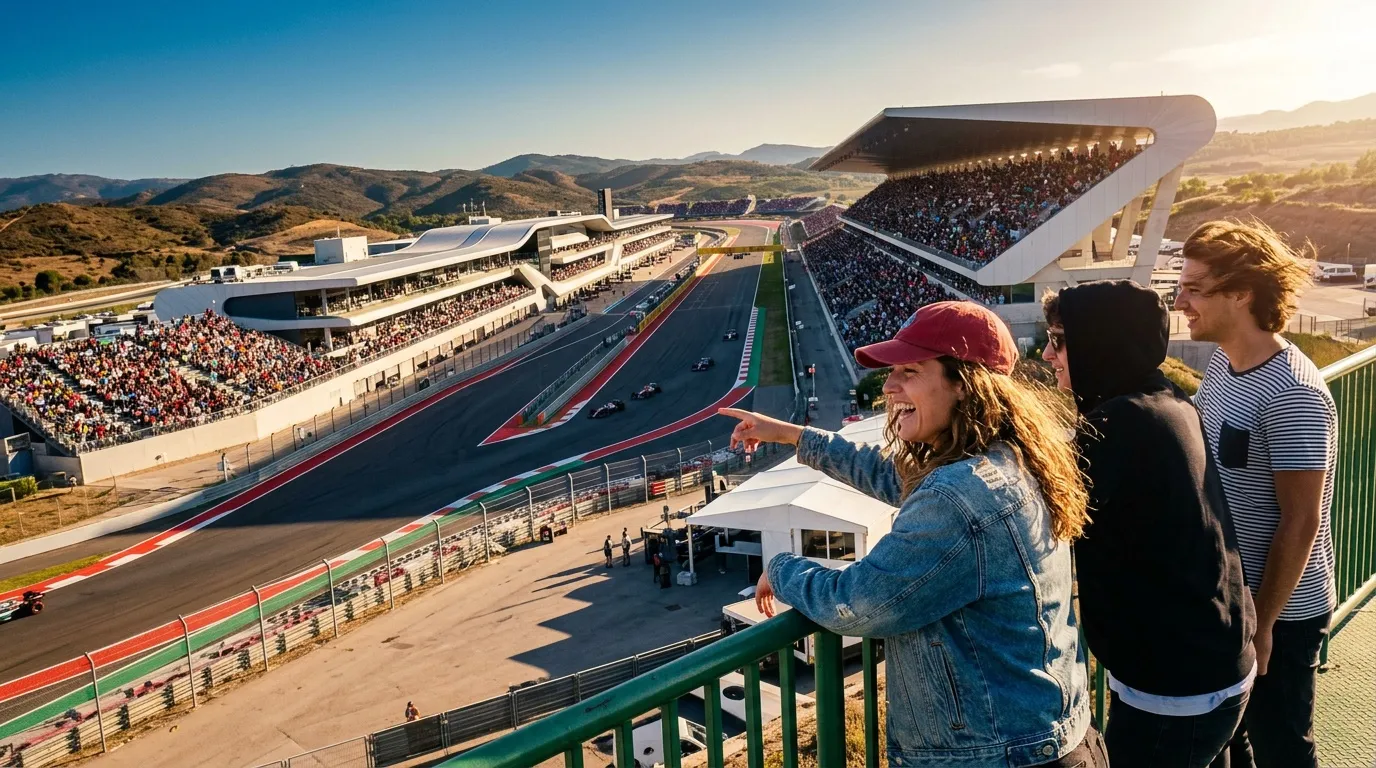 Trois personnes observent un circuit de course depuis une terrasse