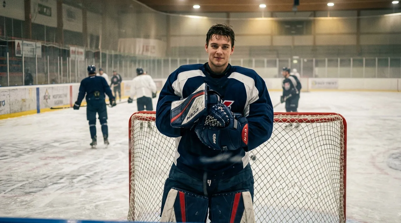 Jeune gardien en tenue de hockey posant devant son filet