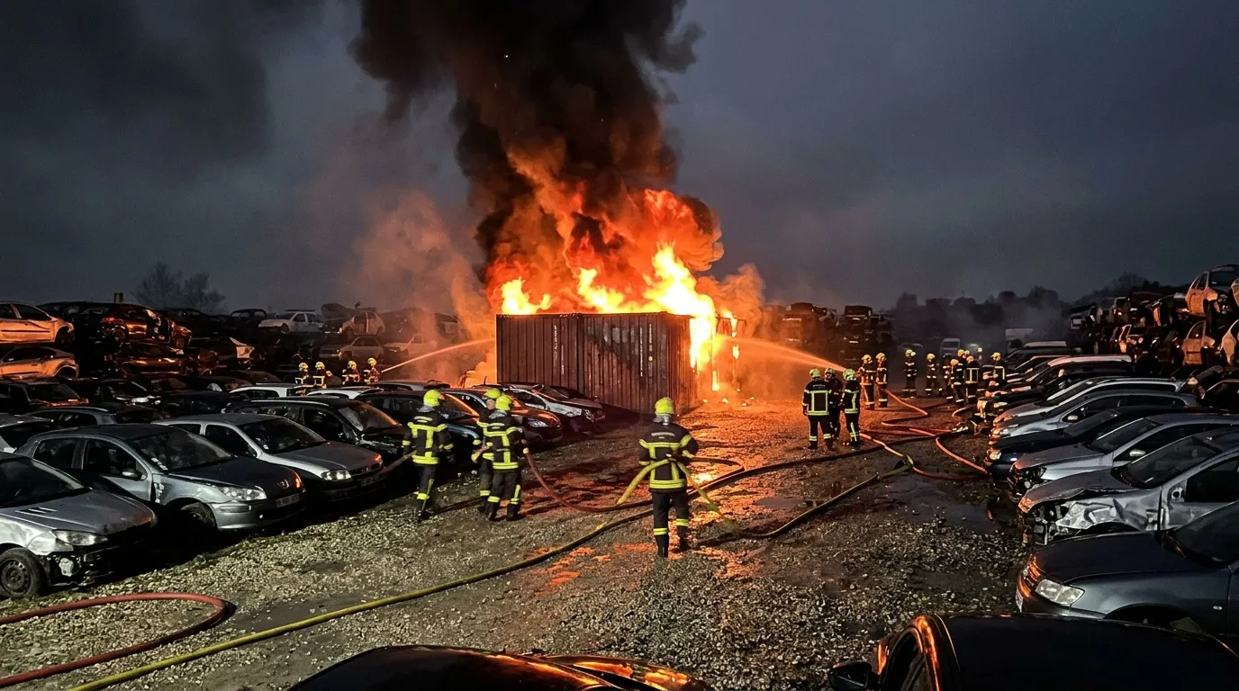 Pompiers combattent un incendie de container dans une casse de voitures