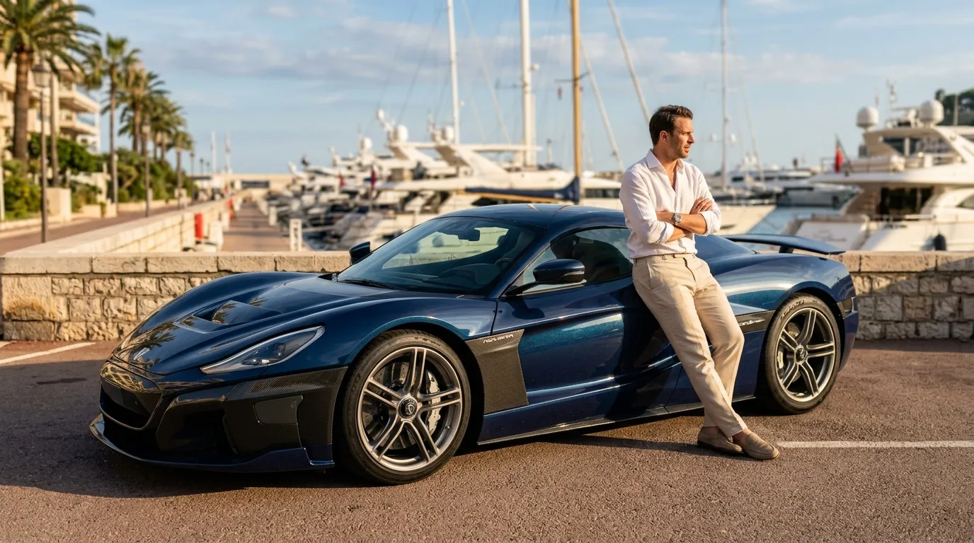 Homme avec supercar bleue devant yachts