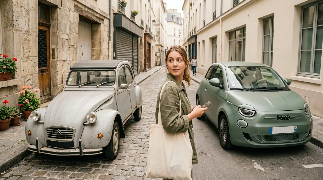 Femme entre voiture vintage et électrique moderne dans rue parisienne