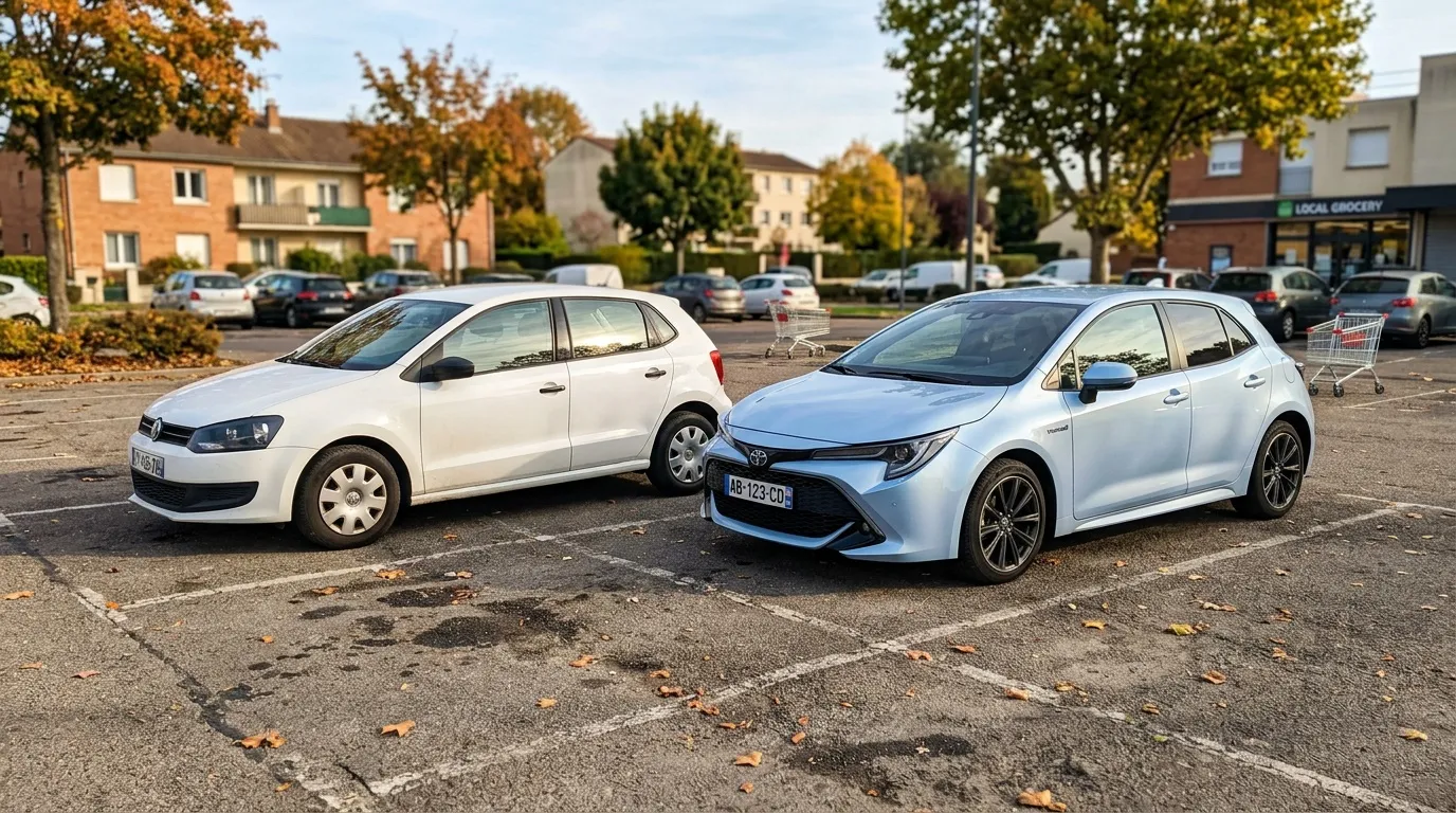 Volkswagen Polo blanche et Toyota Corolla hybride bleue stationn&eacute;es