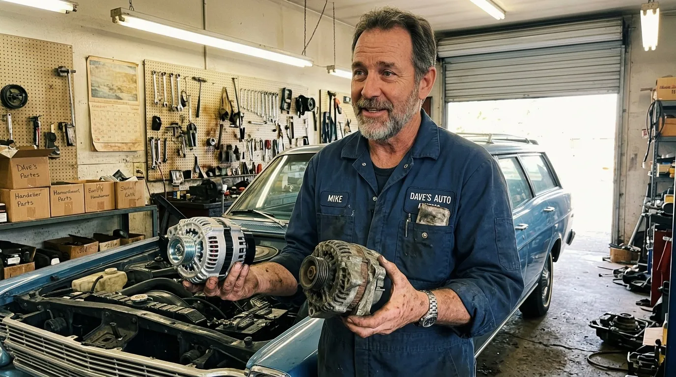 M&eacute;canicien Mike tient deux alternateurs dans son atelier automobile.