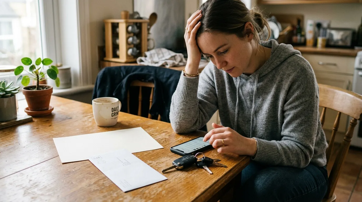 Femme assise &agrave; table avec t&eacute;l&eacute;phone, documents et cl&eacute;s, l'air pr&eacute;occup&eacute;e