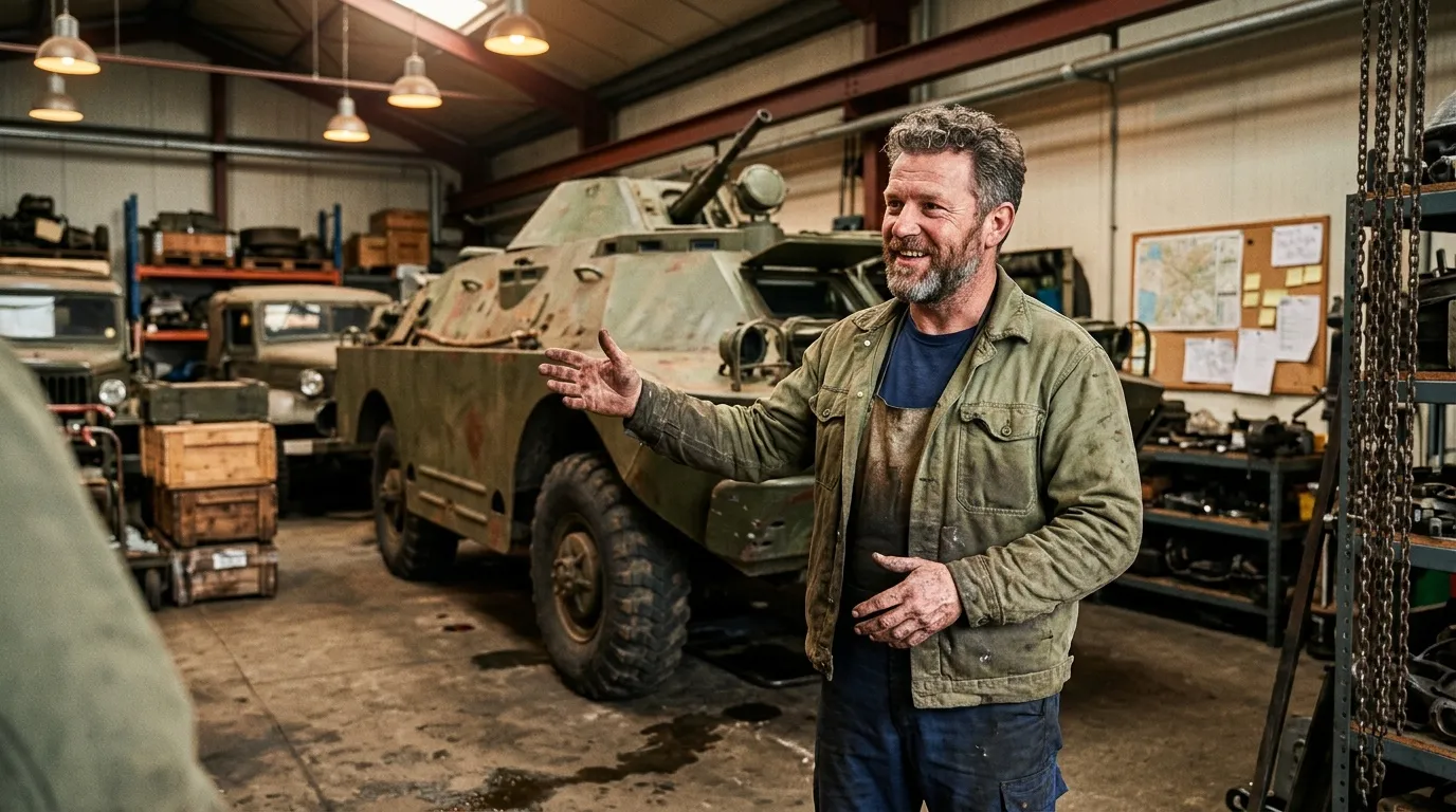 Homme barbu gesticulant dans atelier avec véhicules militaires