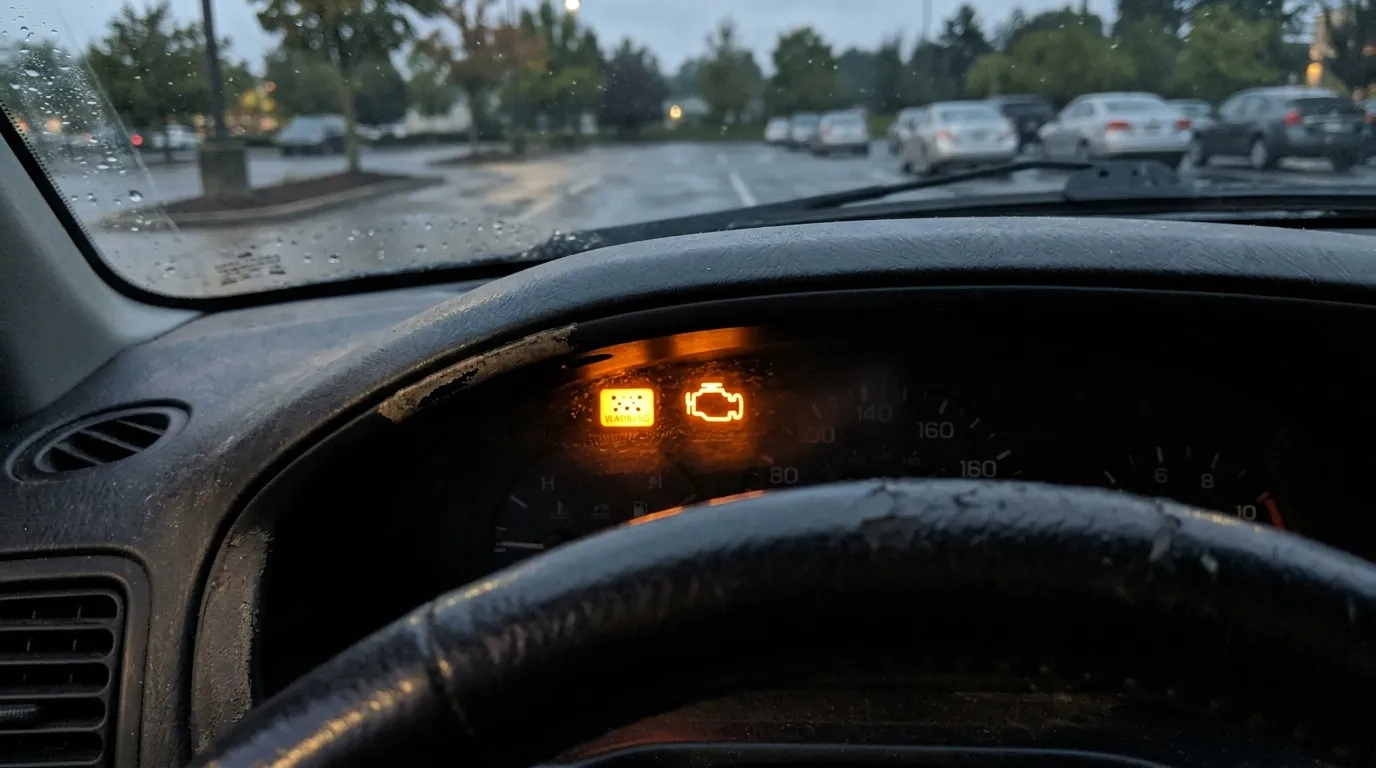 Tableau de bord avec voyants d'alerte moteur illumin&eacute;s en orange