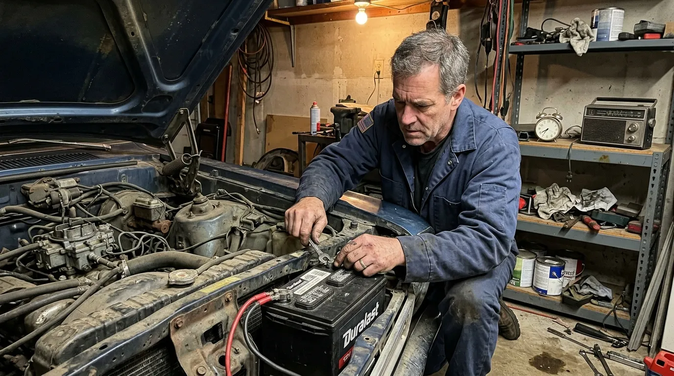Homme en bleu de travail réparant le moteur d'une voiture