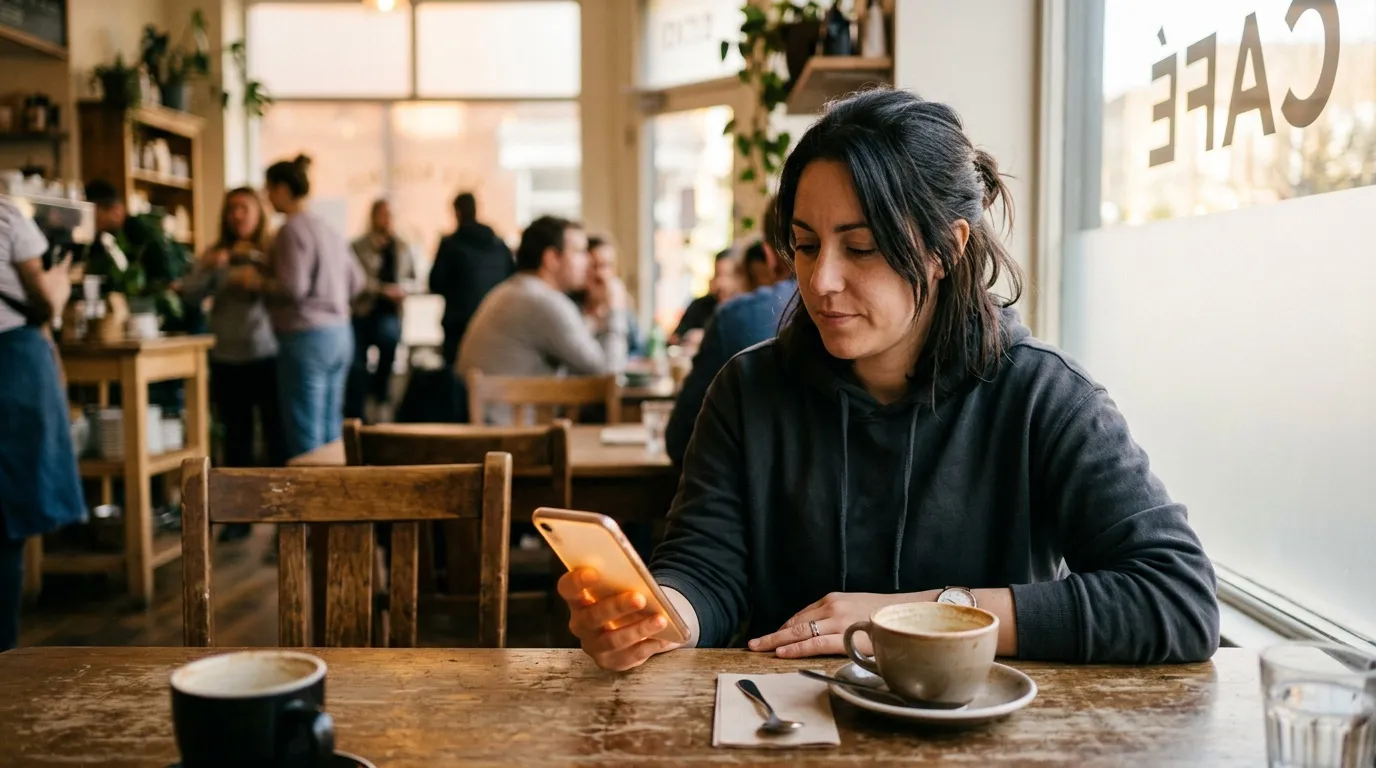 Femme avec téléphone à une table de café