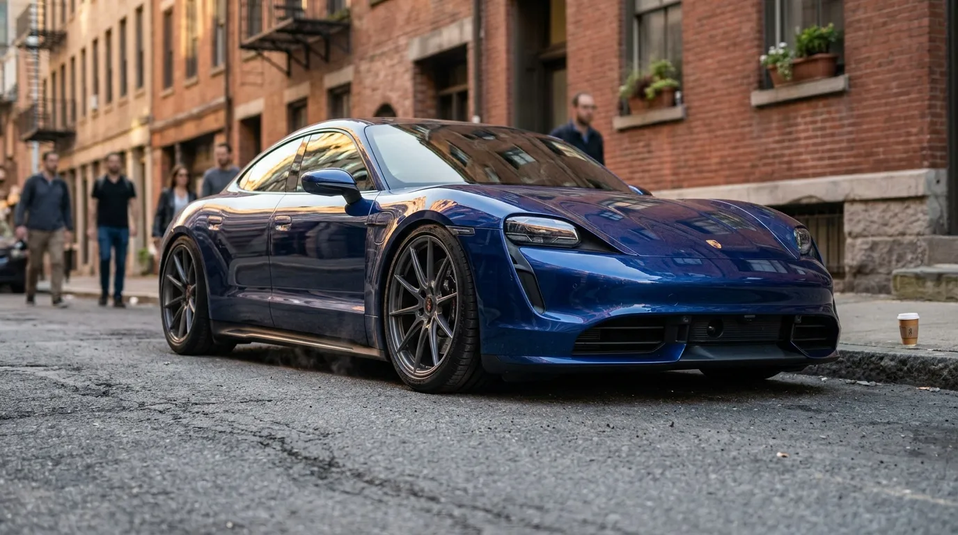 Voiture &eacute;lectrique bleue Porsche stationn&eacute;e rue pav&eacute;e urbaine