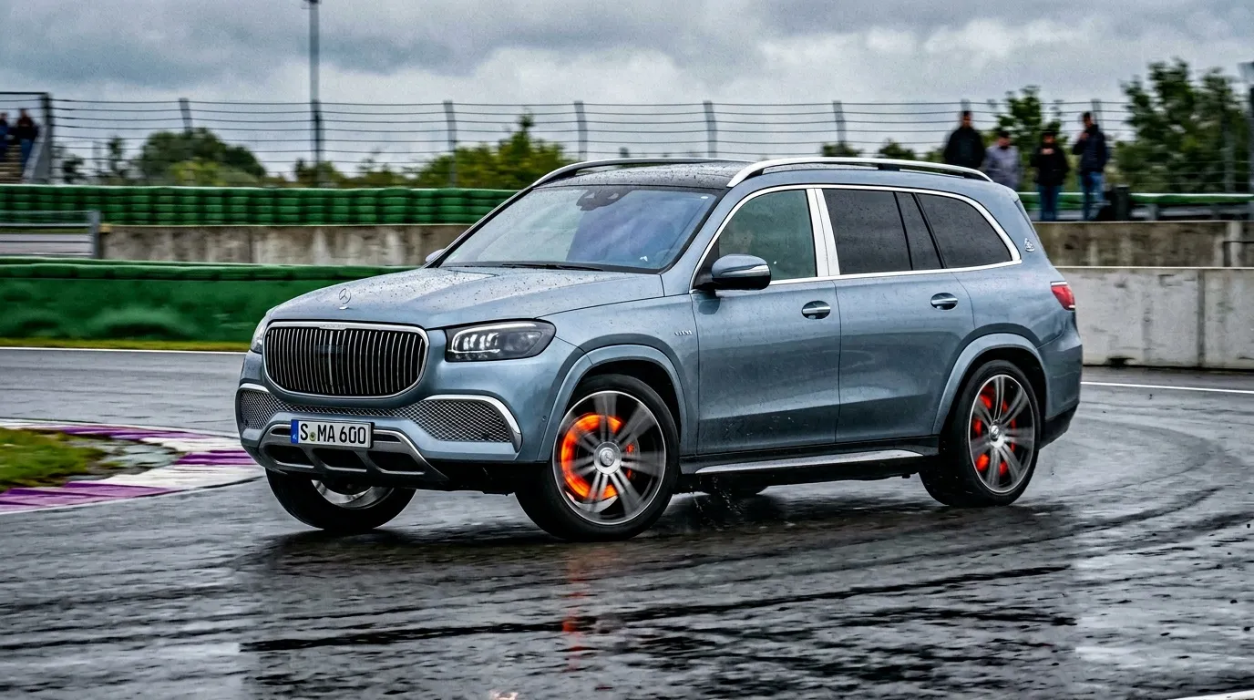 SUV luxe gris sur piste humide, freins rouges lumineux
