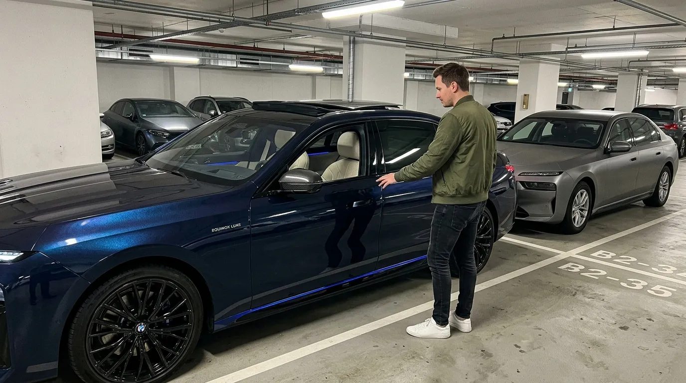 Homme examine une berline BMW bleue dans parking souterrain