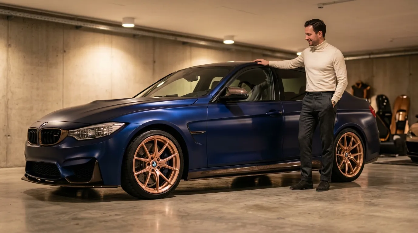 Homme posant près d'une BMW bleue sportive en garage