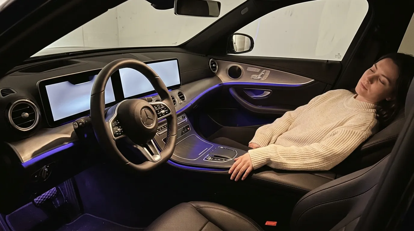 Femme assise dans habitacle Mercedes avec éclairage bleu