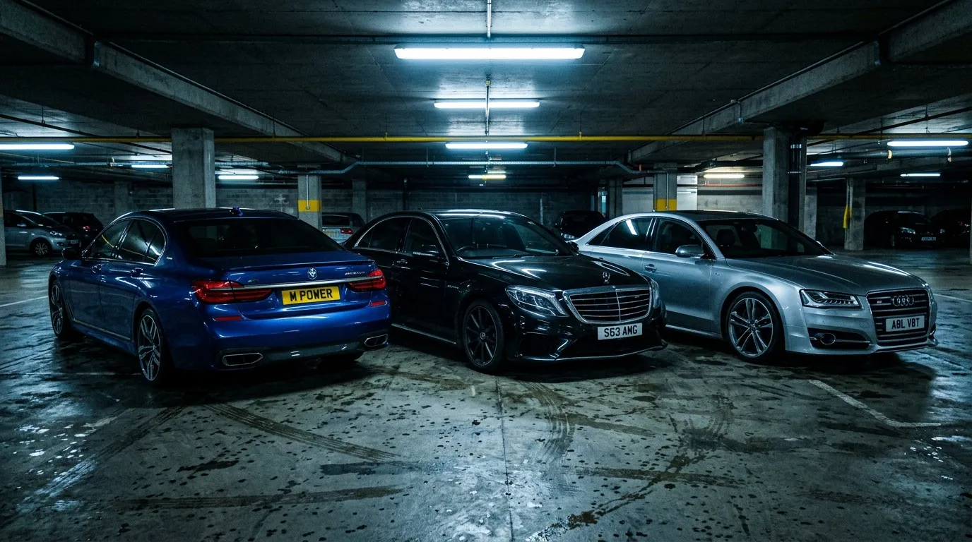 BMW, Mercedes et Audi garées dans un parking souterrain