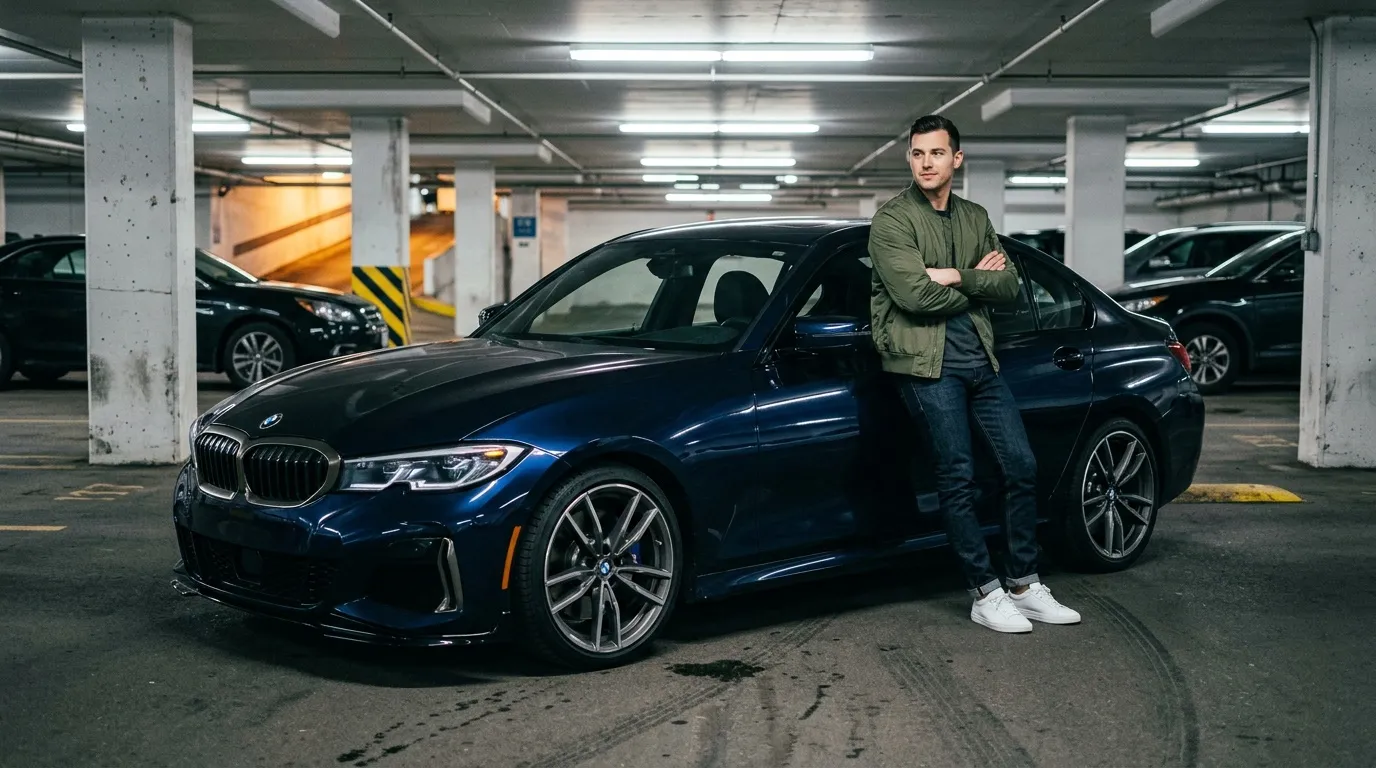 Jeune homme en veste olive devant une BMW bleue foncée