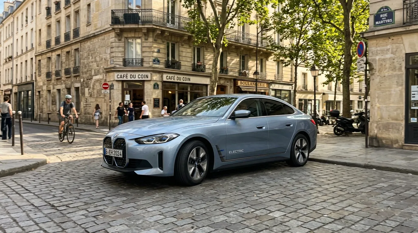 Voiture électrique BMW bleue rue parisienne historique