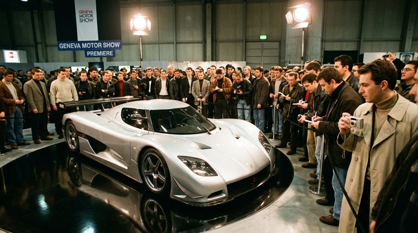 Voiture sport blanche pr&eacute;sent&eacute;e au Salon Motor Show Gen&egrave;ve