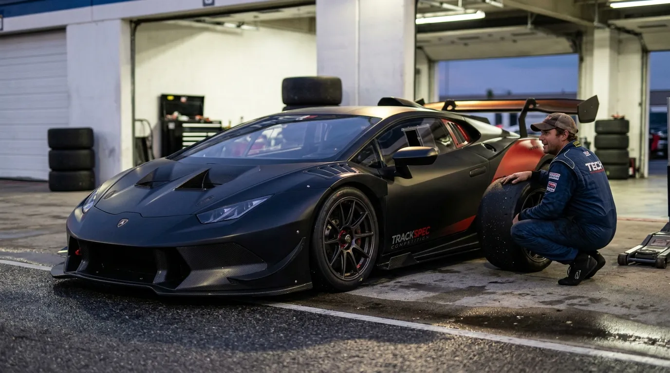 Technicien inspectant une voiture de sport noire en garage