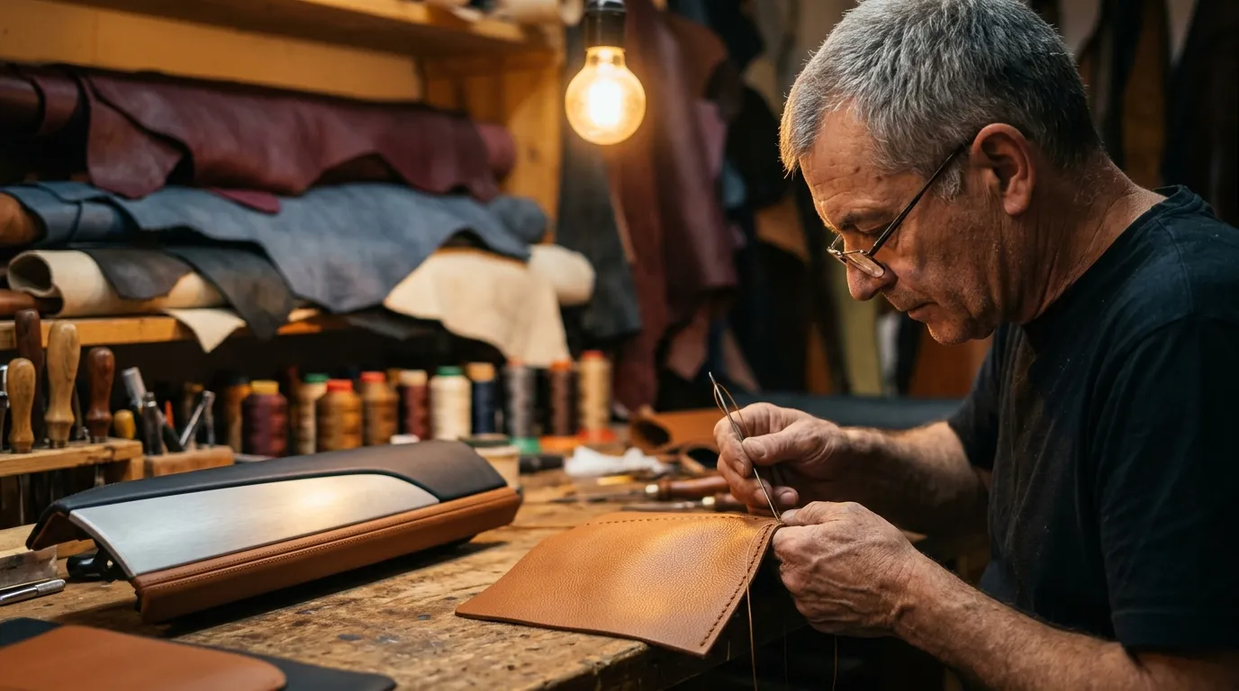 Ma&icirc;tre maroquinier couisant du cuir sur son &eacute;tabli