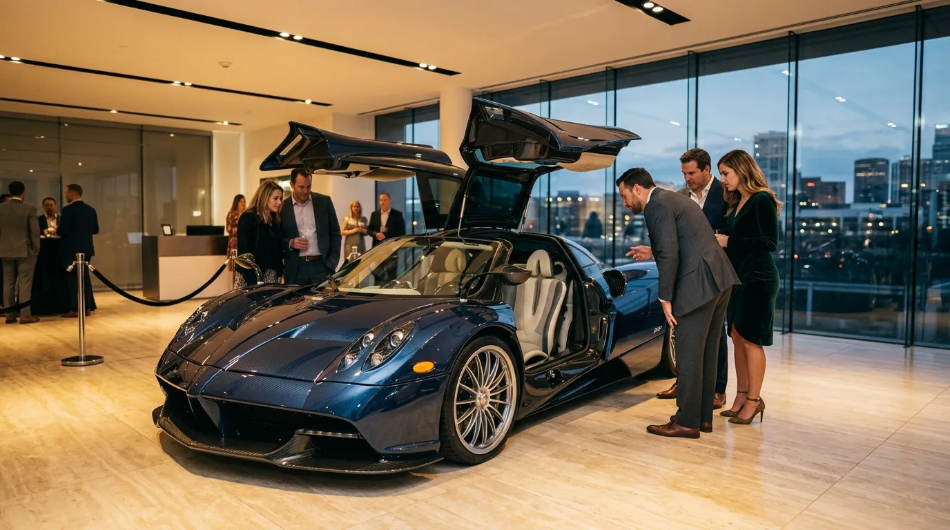 Supercar bleue avec portes papillon dans showroom moderne haute altitude