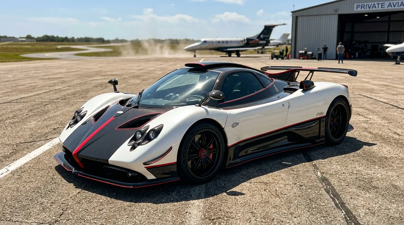 Hypercar blanche et noire sur piste d'a&eacute;roport priv&eacute;