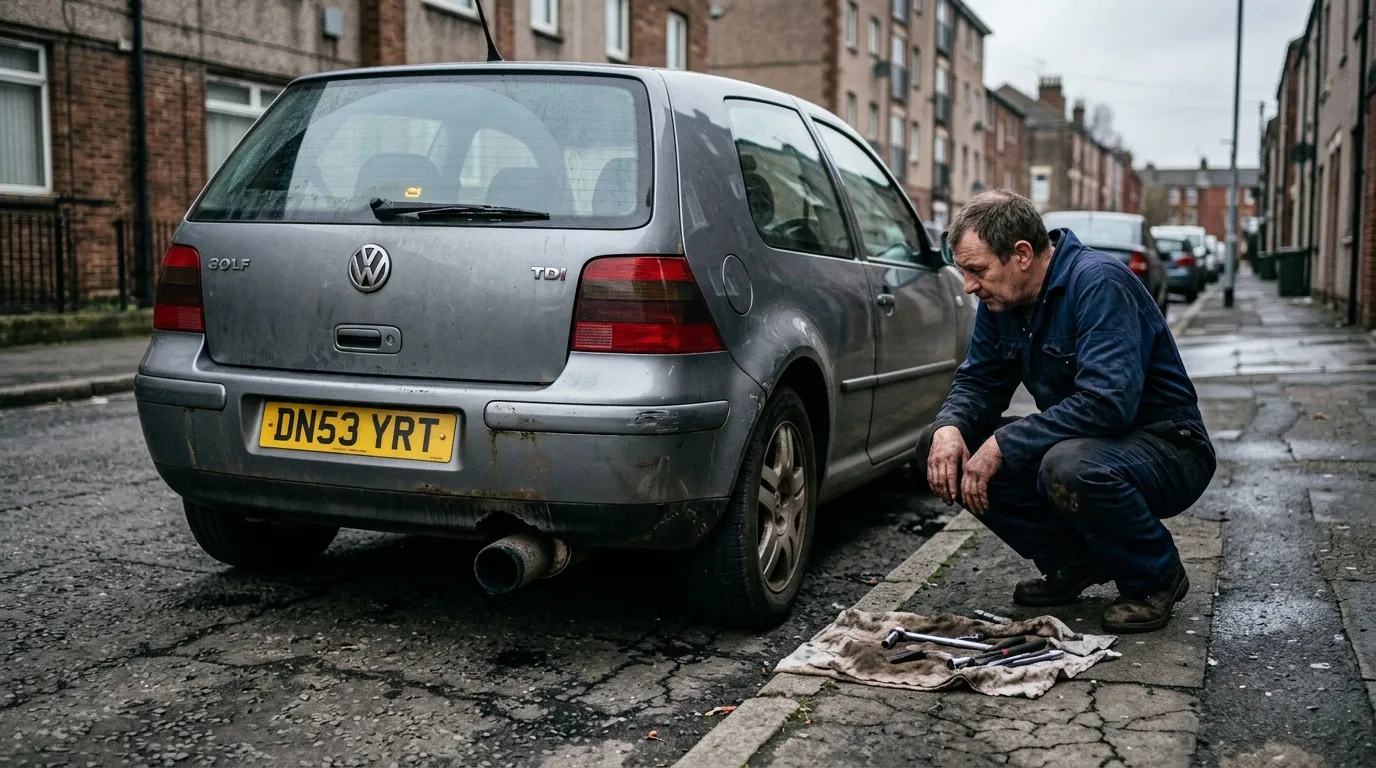 Homme inspectant les dégâts d'une Volkswagen Golf