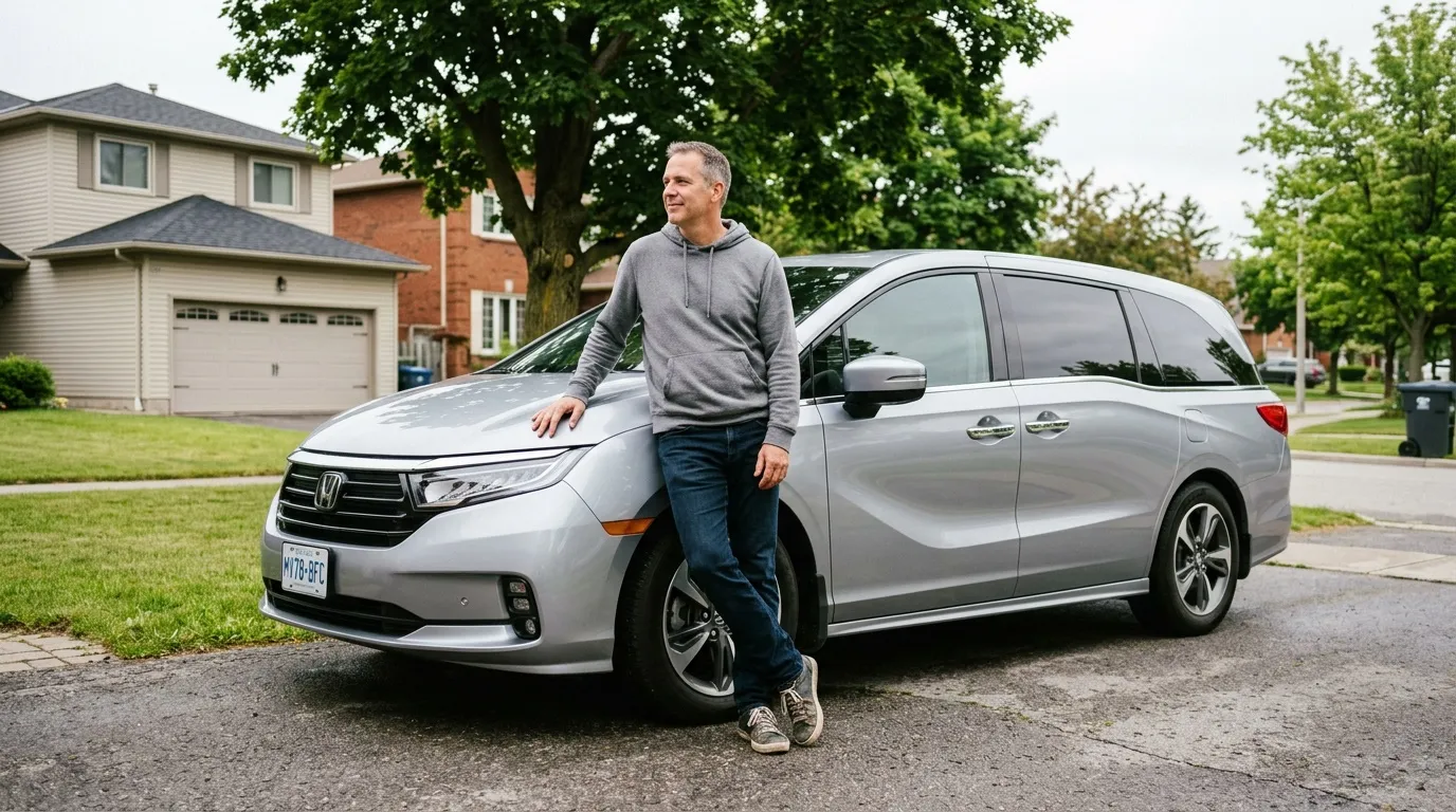 Homme posant près d'un monospace Honda gris dans une rue résidentielle