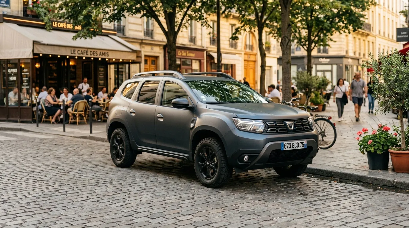 SUV gris garé rue pavée Paris café terrasse