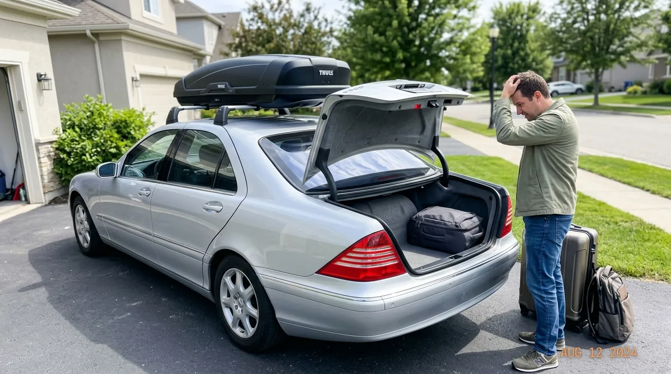 Homme chargeant bagages dans coffre voiture avant départ vacances