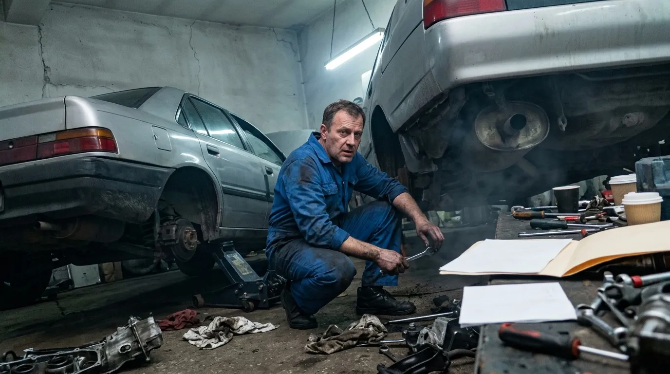 Mécanicien en bleu accroupi inspectant une voiture en atelier
