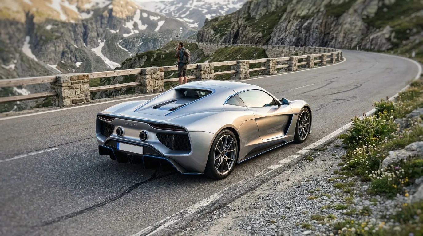 Voiture sport grise sur route montagne avec randonneurs