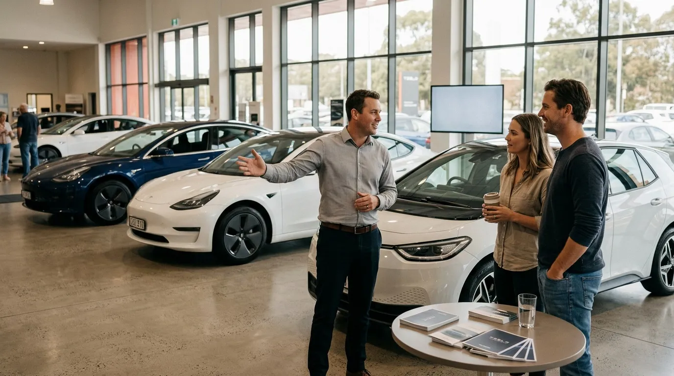 Vendeur présente voiture électrique à couple dans showroom