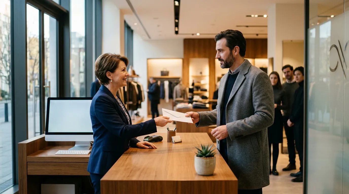 Femme en blazer bleu remettant une enveloppe à un homme en costume gris