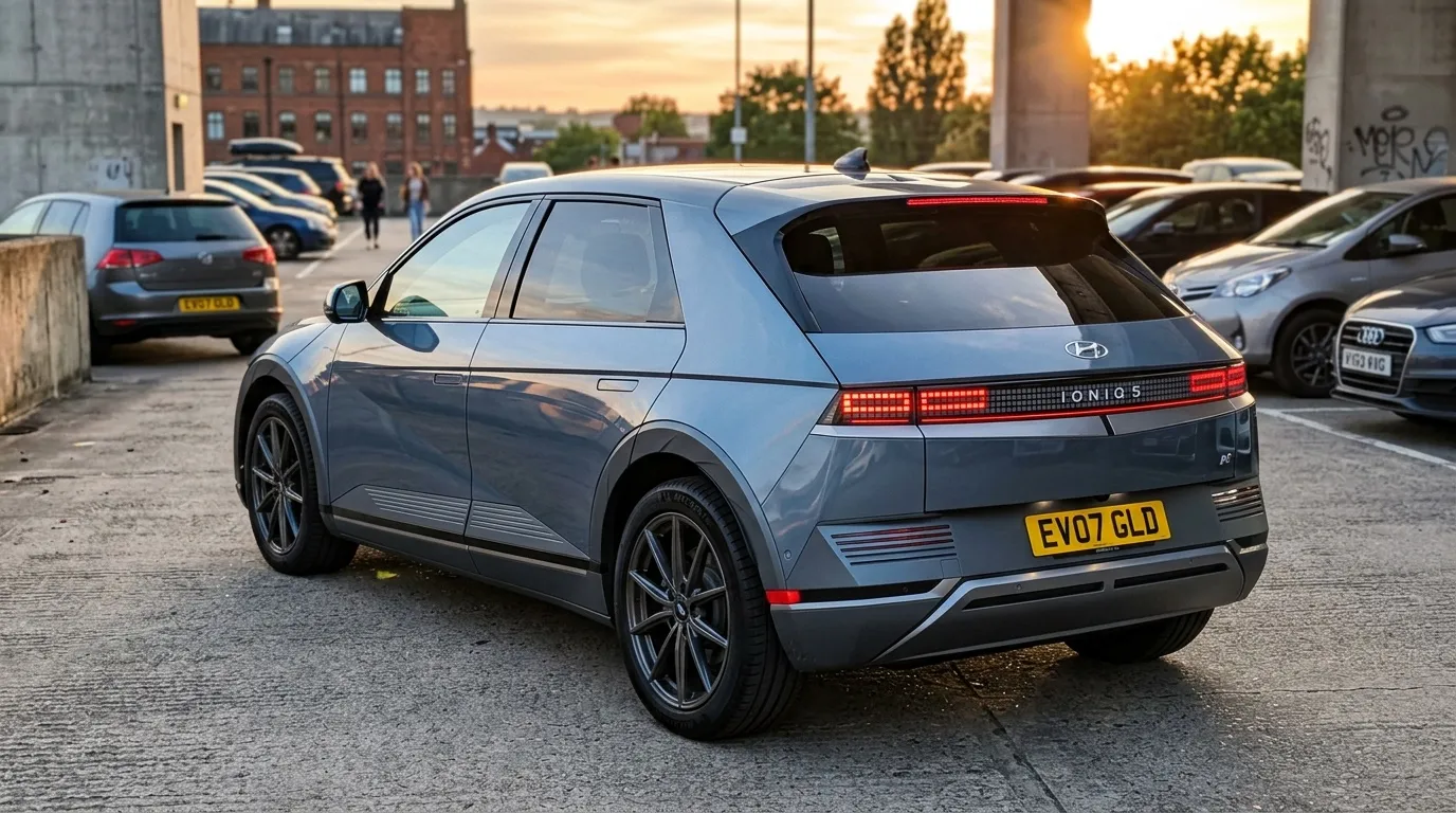 Voiture électrique Hyundai Ioniq 5 bleue grise en parking souterrain