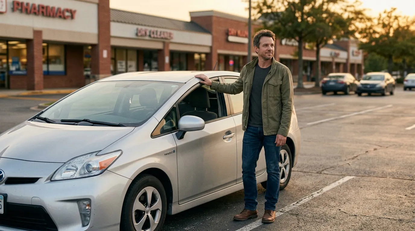 Homme debout près d'une Toyota Prius blanche garer