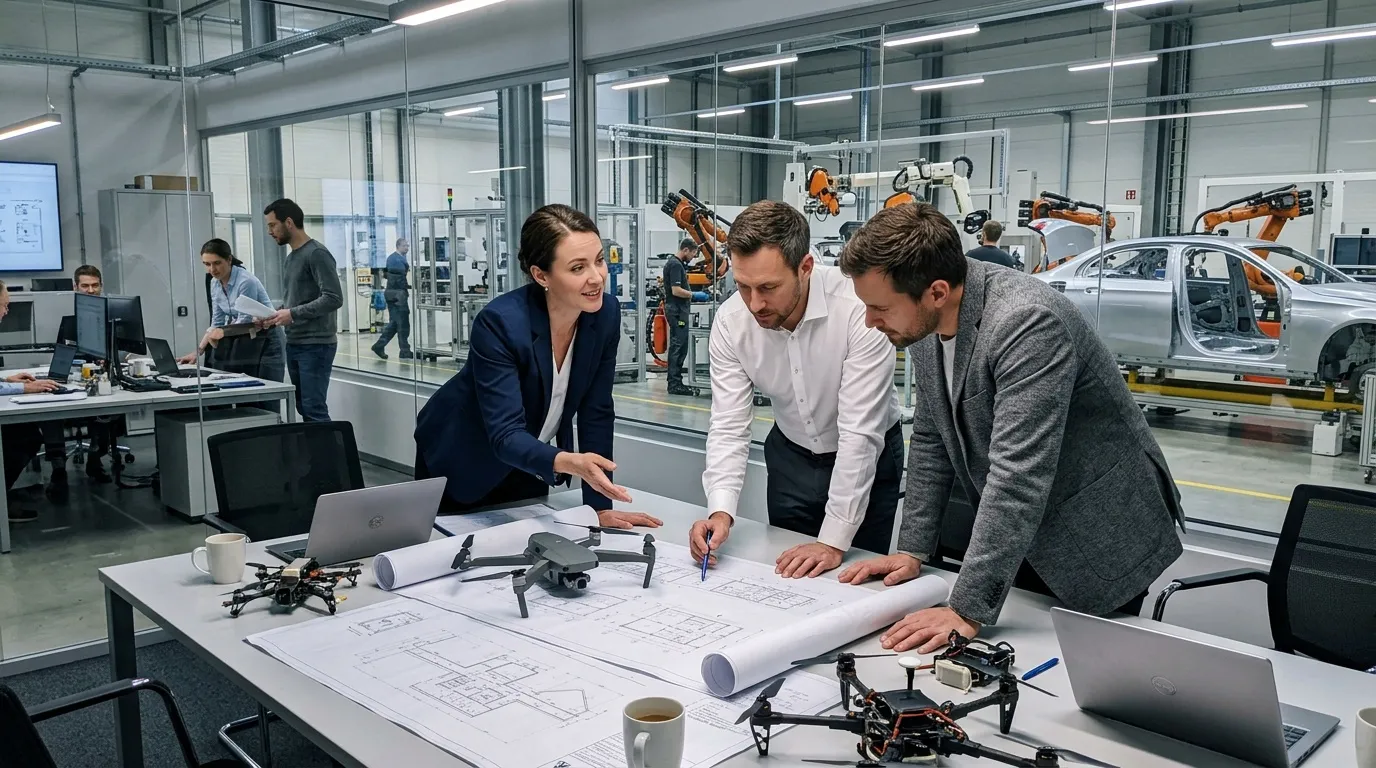 Trois professionnels examinent des plans techniques dans un atelier de fabrication robotisée.