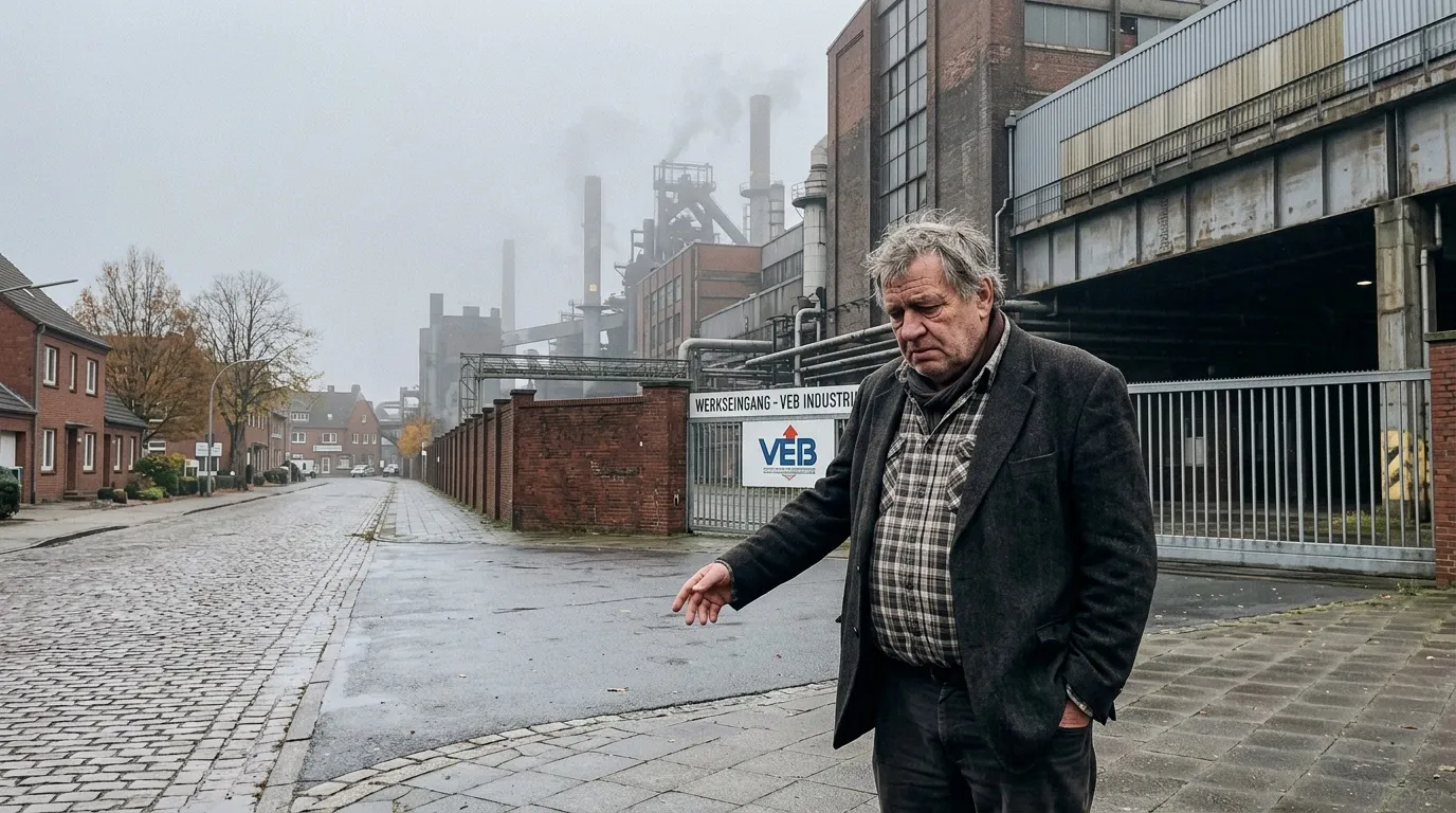 Homme âgé devant usine abandonnée allemande
